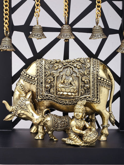 12" Superfine Makhanchor Krishna with Cow and Calf | Wood Framed Brass Statue