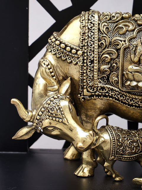 12" Superfine Makhanchor Krishna with Cow and Calf | Wood Framed Brass Statue