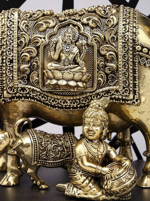 12" Superfine Makhanchor Krishna with Cow and Calf | Wood Framed Brass Statue