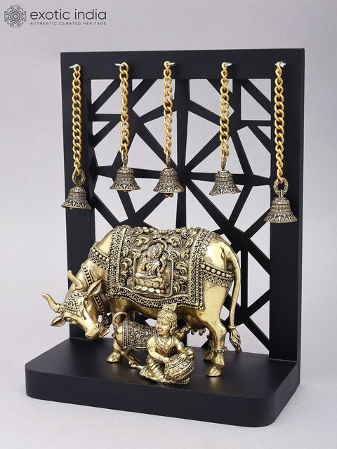 12" Superfine Makhanchor Krishna with Cow and Calf | Wood Framed Brass Statue