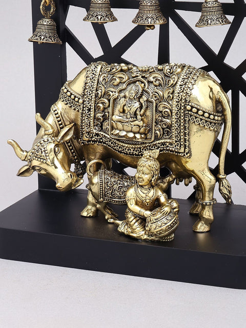 12" Superfine Makhanchor Krishna with Cow and Calf | Wood Framed Brass Statue