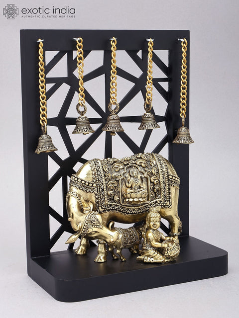 12" Superfine Makhanchor Krishna with Cow and Calf | Wood Framed Brass Statue