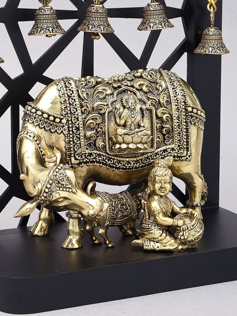 12" Superfine Makhanchor Krishna with Cow and Calf | Wood Framed Brass Statue