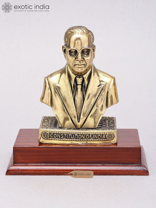 5" Dr. B.R. Ambedkar Brass Bust Statue with Wood Base