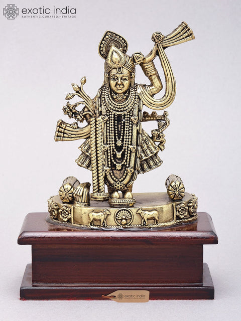 6" Small Superfine Shrinathji Idol | Brass Statue on Wood Base