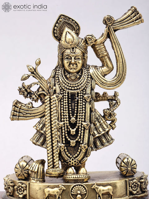 6" Small Superfine Shrinathji Idol | Brass Statue on Wood Base