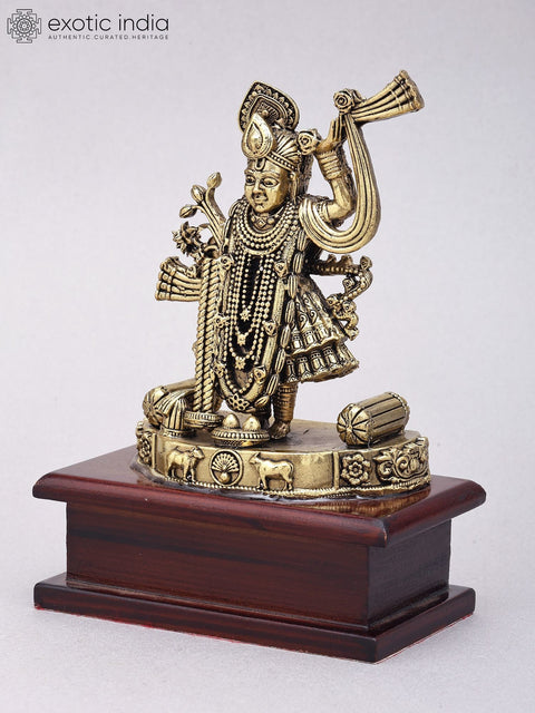 6" Small Superfine Shrinathji Idol | Brass Statue on Wood Base