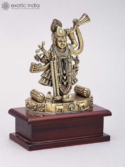 6" Small Superfine Shrinathji Idol | Brass Statue on Wood Base