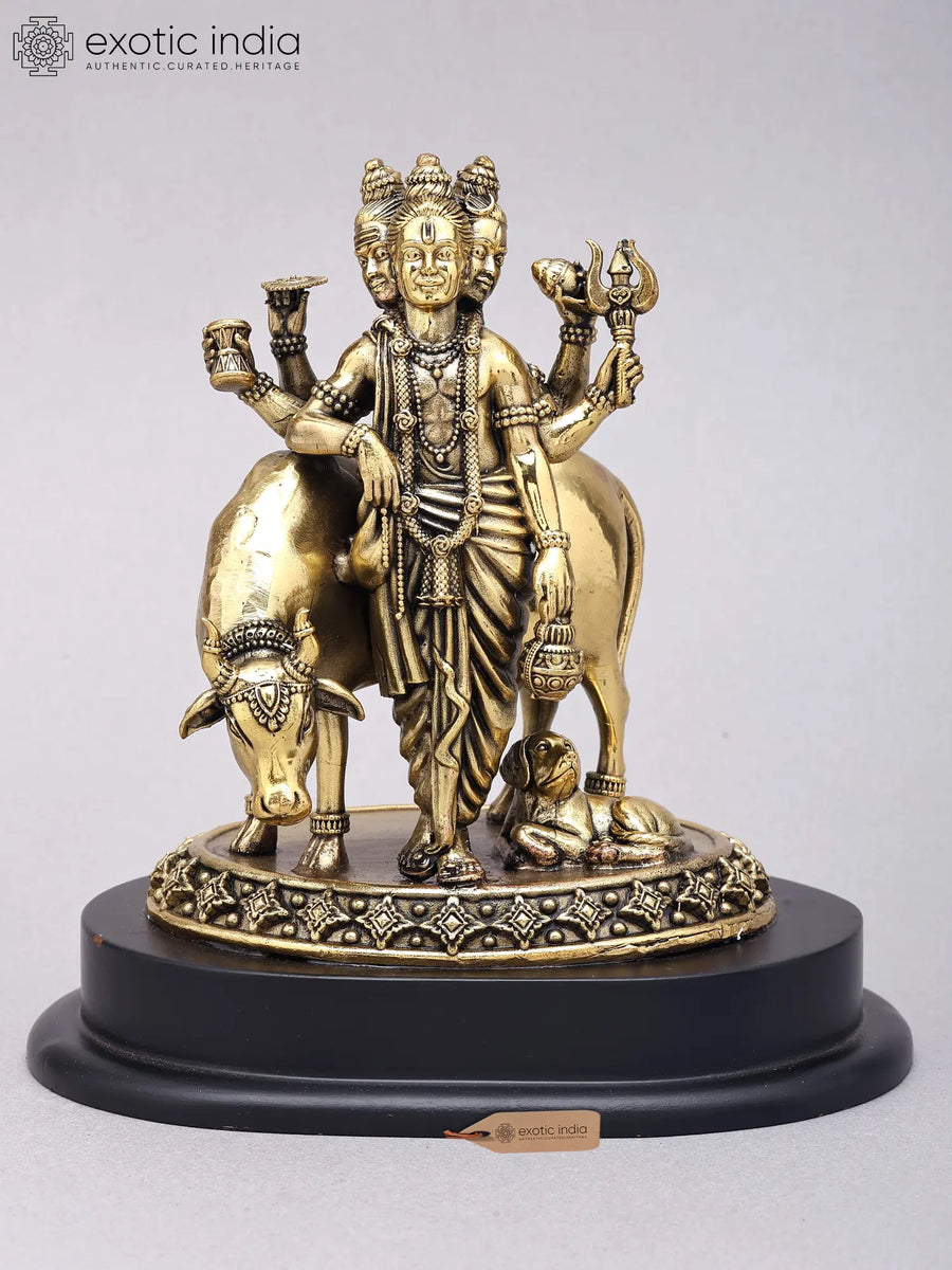 6" Handmade Dattatreya Brass Statue on Wood Base