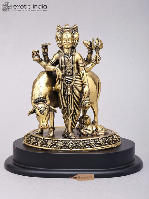 6" Small Superfine Dattatreya Statue in Brass on Wood Base