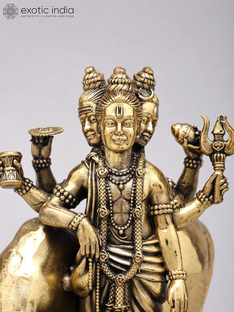 6" Small Superfine Dattatreya Statue in Brass on Wood Base
