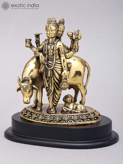 6" Small Superfine Dattatreya Statue in Brass on Wood Base