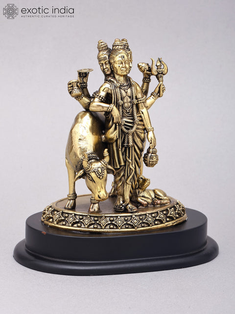 6" Small Superfine Dattatreya Statue in Brass on Wood Base