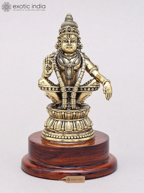 5" Small Superfine Brass Lord Ayyappan Statue on Wood Base