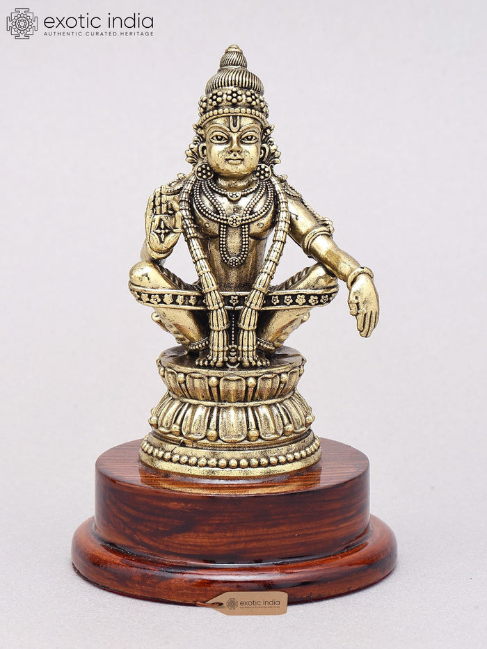 5" Handmade Brass Lord Ayyappan Statue with Wood Base for Pooja