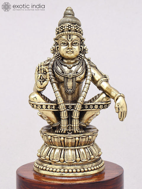 5" Small Superfine Brass Lord Ayyappan Statue on Wood Base
