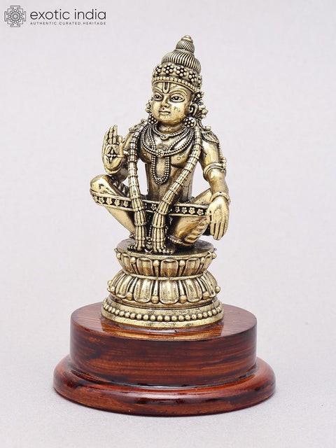 5" Small Superfine Brass Lord Ayyappan Statue on Wood Base