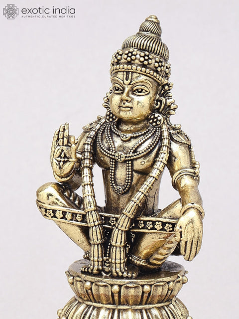 5" Small Superfine Brass Lord Ayyappan Statue on Wood Base