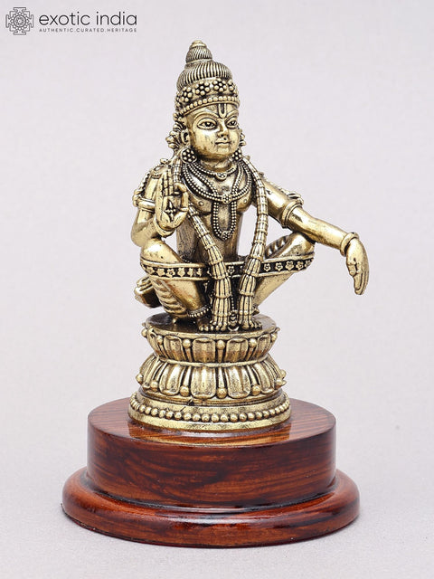 5" Small Superfine Brass Lord Ayyappan Statue on Wood Base