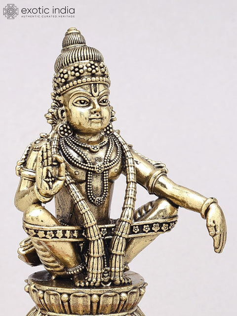 5" Small Superfine Brass Lord Ayyappan Statue on Wood Base