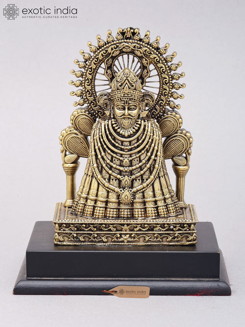 6" Khatu Shyam Ji Brass Idol on Wood Base Handmade