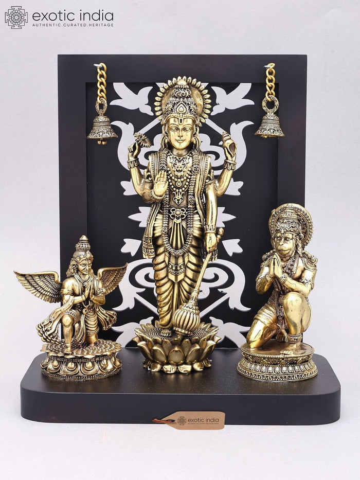 12" Standing Lord Vishnu Brass Statue with Garuda and Hanuman