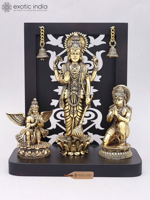 12" Superfine Standing Lord Vishnu with Garuda and Hanuman | Wood Framed Brass Statue