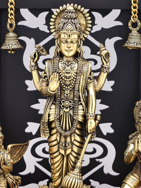 12" Superfine Standing Lord Vishnu with Garuda and Hanuman | Wood Framed Brass Statue