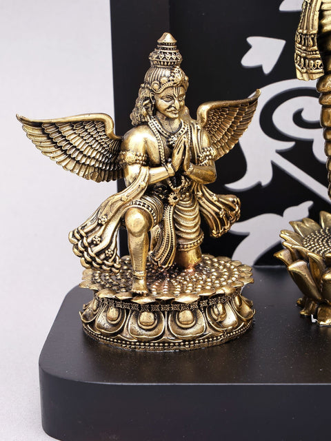 12" Superfine Standing Lord Vishnu with Garuda and Hanuman | Wood Framed Brass Statue