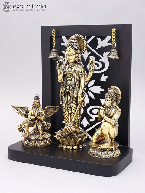 12" Superfine Standing Lord Vishnu with Garuda and Hanuman | Wood Framed Brass Statue