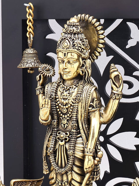 12" Superfine Standing Lord Vishnu with Garuda and Hanuman | Wood Framed Brass Statue