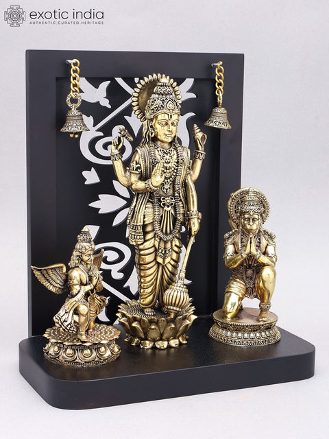 12" Superfine Standing Lord Vishnu with Garuda and Hanuman | Wood Framed Brass Statue
