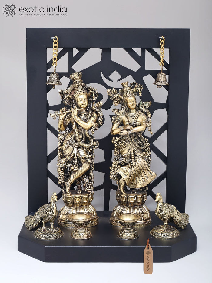 14" Radha Krishna Brass Statues with Peacocks Wood Frame