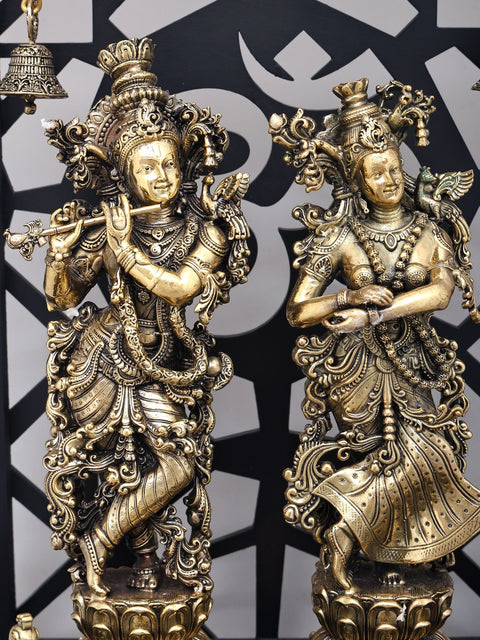 14" Wood Framed Radha Krishna Statues in Brass with Peacocks
