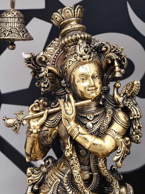 14" Wood Framed Radha Krishna Statues in Brass with Peacocks
