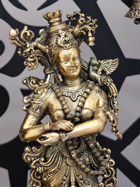 14" Wood Framed Radha Krishna Statues in Brass with Peacocks