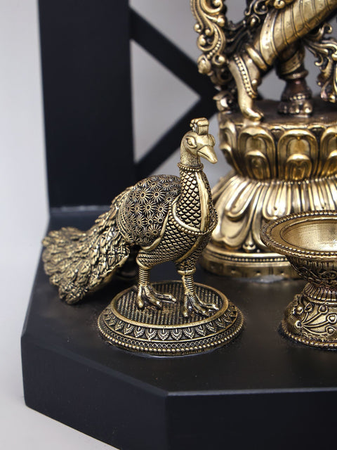14" Wood Framed Radha Krishna Statues in Brass with Peacocks