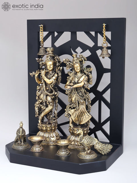 14" Wood Framed Radha Krishna Statues in Brass with Peacocks