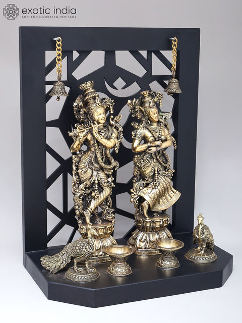 14" Wood Framed Radha Krishna Statues in Brass with Peacocks