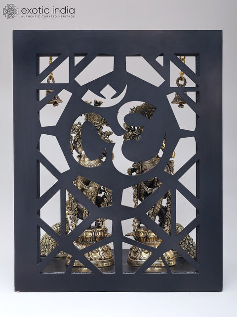 14" Wood Framed Radha Krishna Statues in Brass with Peacocks