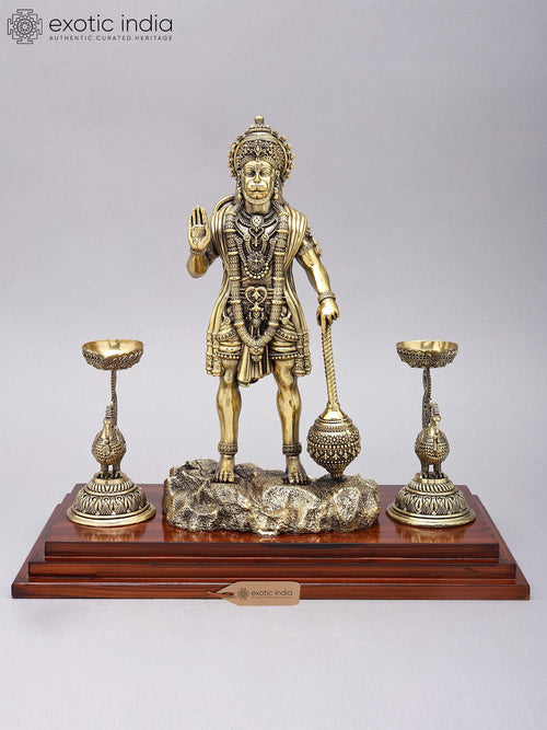 14" Handmade Brass Lord Hanuman Blessing Statue with Peacock Lamps Wood Base