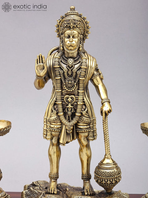 14" Superfine Standing Lord Hanuman in Blessing Gesture with Peacock Lamps | Brass Statue on Wood Base