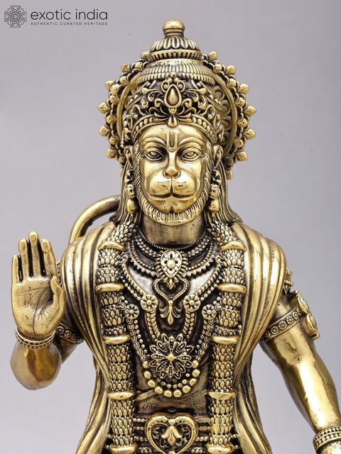 14" Superfine Standing Lord Hanuman in Blessing Gesture with Peacock Lamps | Brass Statue on Wood Base