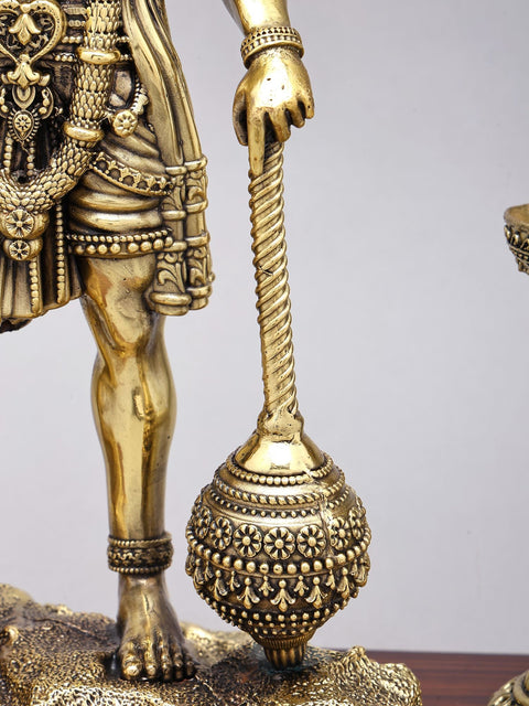 14" Superfine Standing Lord Hanuman in Blessing Gesture with Peacock Lamps | Brass Statue on Wood Base