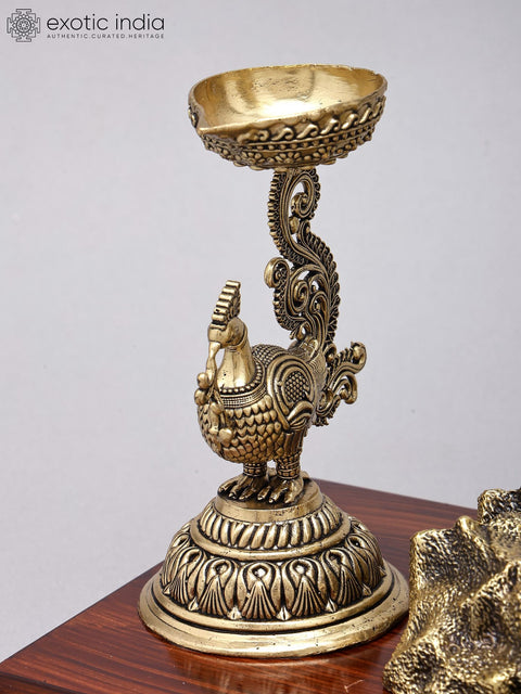 14" Superfine Standing Lord Hanuman in Blessing Gesture with Peacock Lamps | Brass Statue on Wood Base
