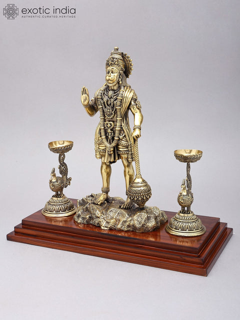 14" Superfine Standing Lord Hanuman in Blessing Gesture with Peacock Lamps | Brass Statue on Wood Base