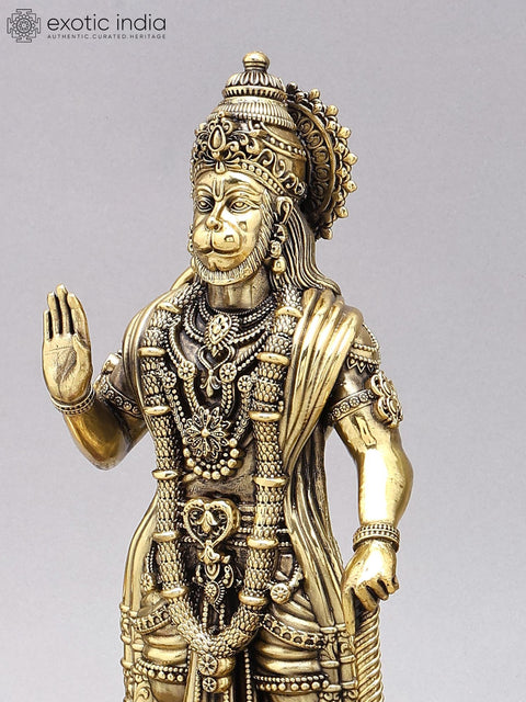 14" Superfine Standing Lord Hanuman in Blessing Gesture with Peacock Lamps | Brass Statue on Wood Base
