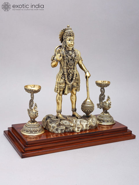14" Superfine Standing Lord Hanuman in Blessing Gesture with Peacock Lamps | Brass Statue on Wood Base