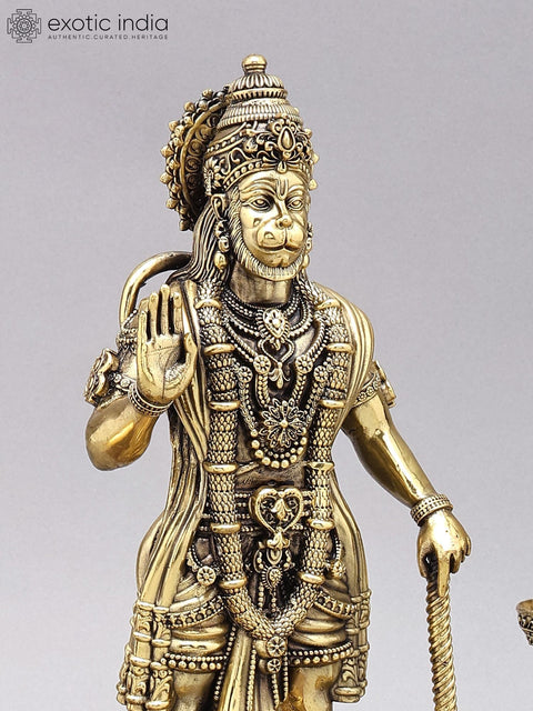 14" Superfine Standing Lord Hanuman in Blessing Gesture with Peacock Lamps | Brass Statue on Wood Base
