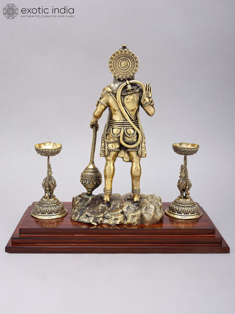 14" Superfine Standing Lord Hanuman in Blessing Gesture with Peacock Lamps | Brass Statue on Wood Base